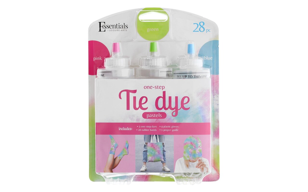 Essentials by Leisure Arts One Step Tie Dye Kit, Pastels, Easy Craft Activity, Permanent Fabric Designs, 3-Color Tie Dye kit for Kids, Pink, Green and Blue